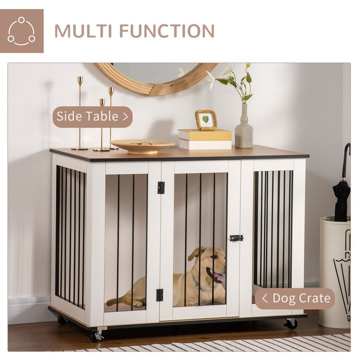 PawHut Dog Crate Furniture, Dog Cage End Table with Wheels, Lockable Door, for Medium Dogs, 106 x 60 x 82 cm - White