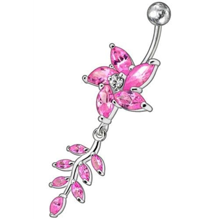 Fancy flower With Leafs Jeweled Silver Dangling Banana Belly Ring