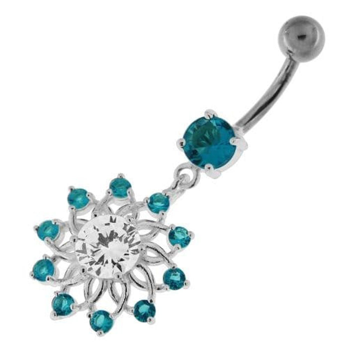 Jeweled Lotus Flower Sterling Silver Belly Button Ring