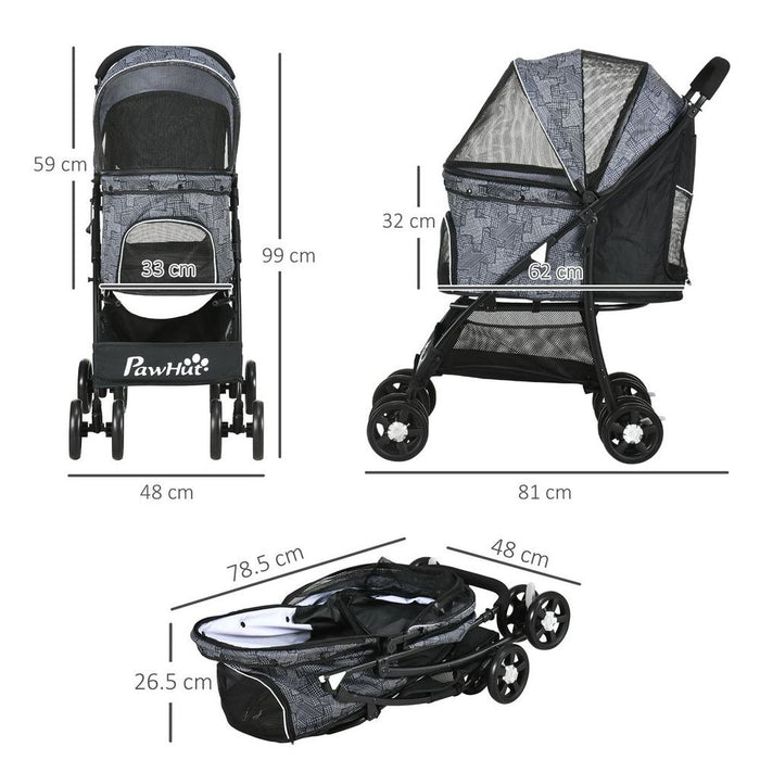 PawHut Foldable Dog Stroller - Large Carriage, Universal Wheels, Brakes - Grey