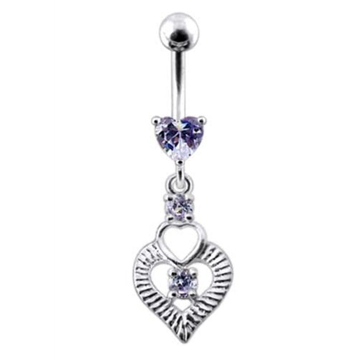 Silver Fancy Heart Jeweled Heart Dangling Banana Belly Ring