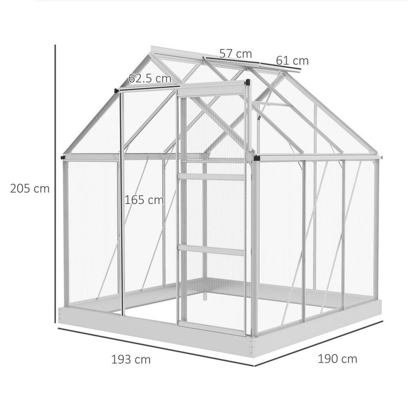 Outsunny 6 x 6ft Walk-In Polycarbonate Greenhouse with Foundation Window Silver