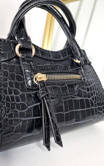 Stylish Croc Print Handbag | Faux Leather | Black