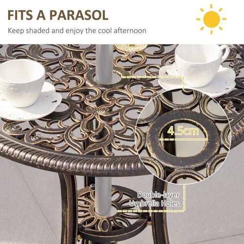 3Pc Cast Aluminium Garden Bistro Set for 2 Parasol Hole, Cushions Bronze