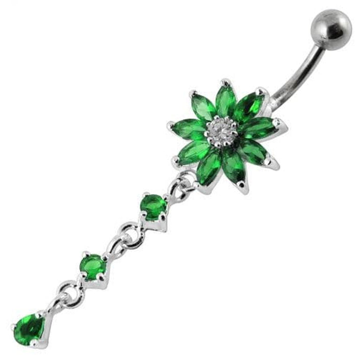 Flower Dangling Jeweled Curved Bar Belly Ring