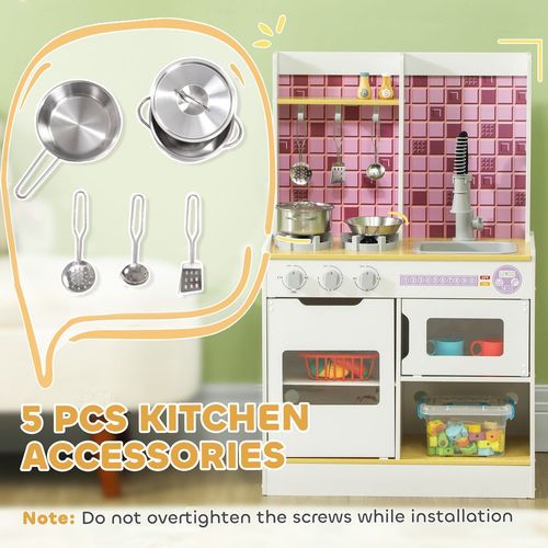 AIYAPLAY Kids Play Kitchen, Pretend Play Kitchen with Realistic Oven, Stove, Sink, Kitchen Accessories, Cooking Playset with Light, Sound, Ages 3+, White