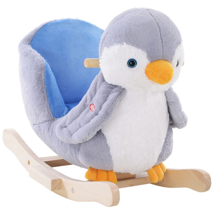 Animal Baby Rocking Horse Penguin Plush Musical Button - 32 Songs, Wood Frame