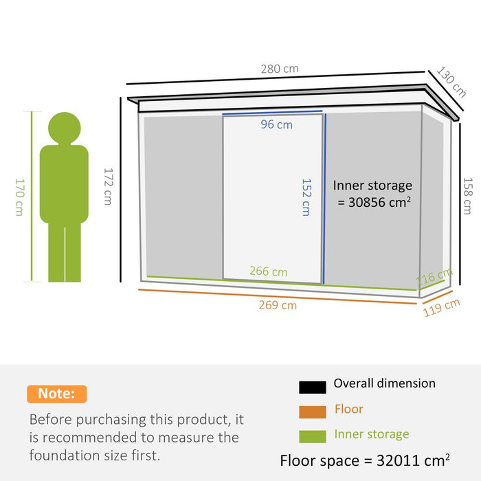 Outsunny 9ft x 4ft Metal Garden Shed, Outdoor Tool House with Foundation Kit, Ventilations and Double Doors, Dark Grey