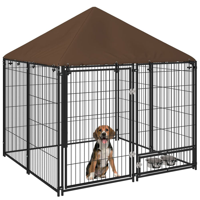 Premium Outdoor Dog House Kennel: Canopy Top, Secure Lock, and Rotating Bowl Holder