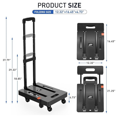 SPACEKEEPER Folding Hand Trolley, 227KGS Heavy Duty Platform Trolley with 6 Wheels and 2 Elastic Ropes for Luggage, Travel, Car, Shopping, Moving and Office, Orange