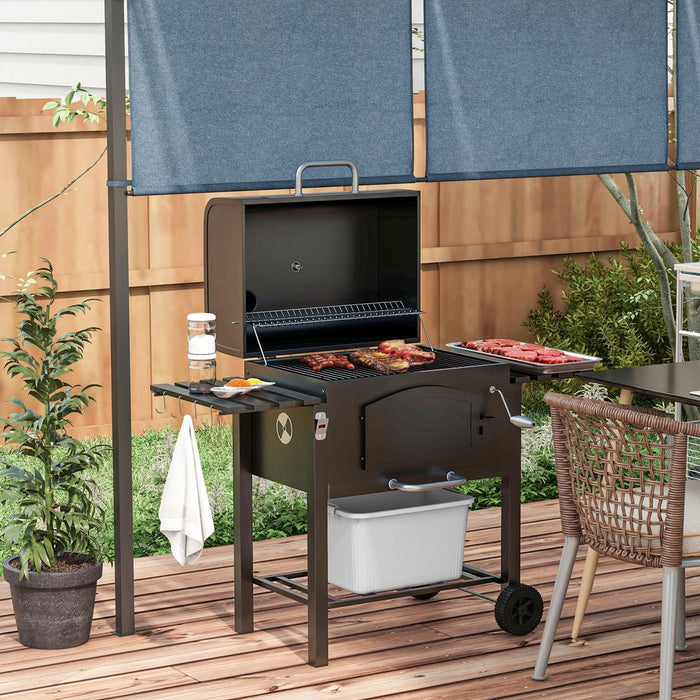 Premium Outsunny BBQ Grill Trolley w/ Adjustable Height & Thermometer - Perfect for Smokey Flavors and Large Gatherings