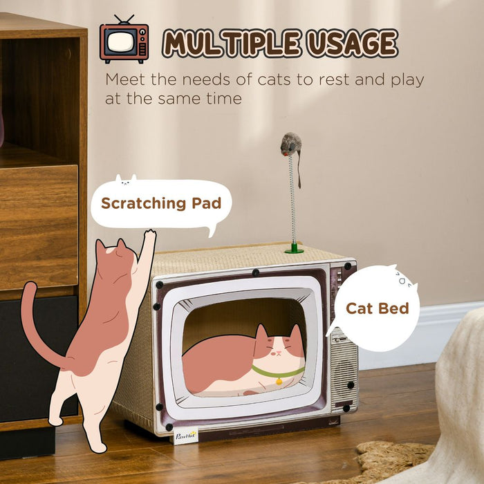 PawHut TV-Shaped Cardboard Cat House with Scratcher, Catnip, Toy Rat