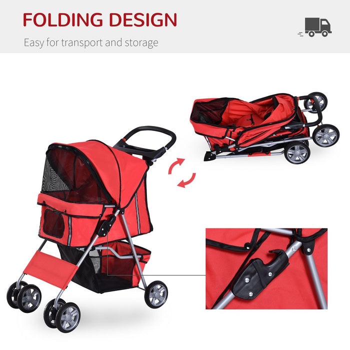 PawHut Pet Stroller for Small Miniature Dogs Cats Foldable Travel Carriage with Wheels Zipper Entry Cup Holder Storage Basket Red