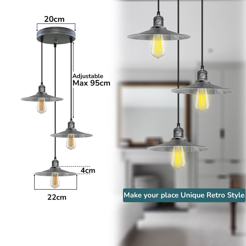 Vintage 3 Head Pendant Ceiling Lamp Shade | Rustic Metal Brushed Brass | Modern Style | E27 Base