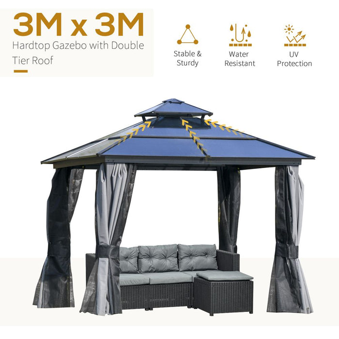 3x3m Hardtop Gazebo Canopy Double-Tier Steel Frame, Curtains & Net