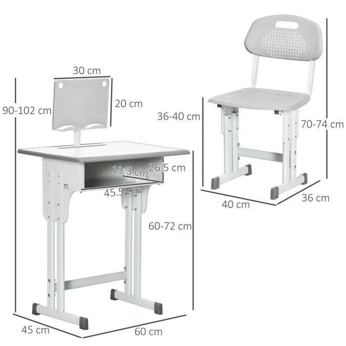 Kids Desk and Chair Set Adjustable Height Study Table w/ Book Stand - Grey