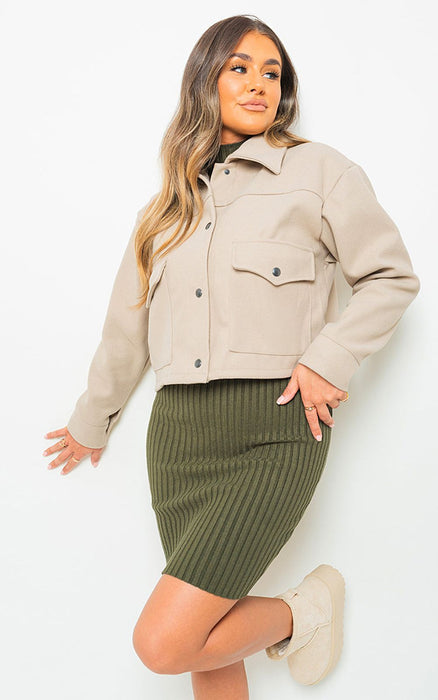 Cropped Long Sleeve Collared Jacket with Pockets