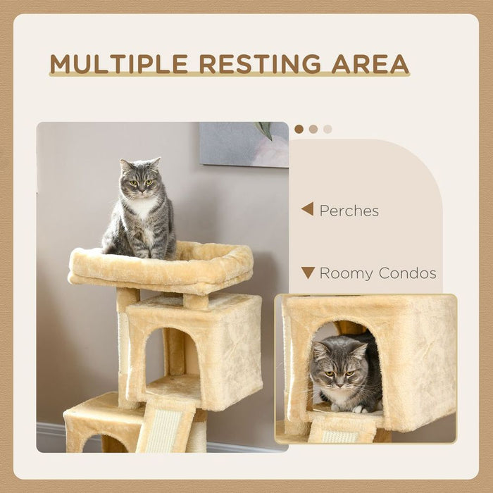 PawHut Cat Rest & Play Tree | 2 House Scratching Post | Cream White