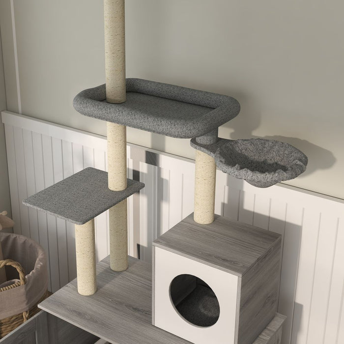 PawHut 2-in-1 Hidden Litter Box & Floor to Ceiling Cat Tree - Premium Quality, Stylish Design, Grey