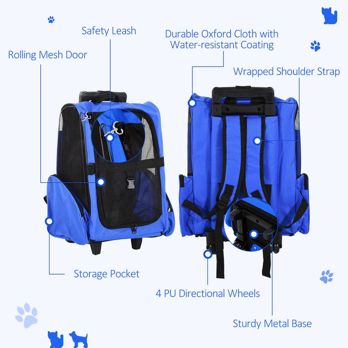 PawHut Pet Travel Backpack Bag Cat Puppy Dog Carrier w/ Trolley and Telescopic Handle Portable Stroller Wheel Luggage Bag (Blue)