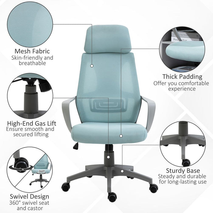 Vinsetto Ergonomic Office Chair, High Back Computer Chair, Mesh Desk Chair with Lumbar Support, Headrest, Wheel, Adjustable Height, Blue