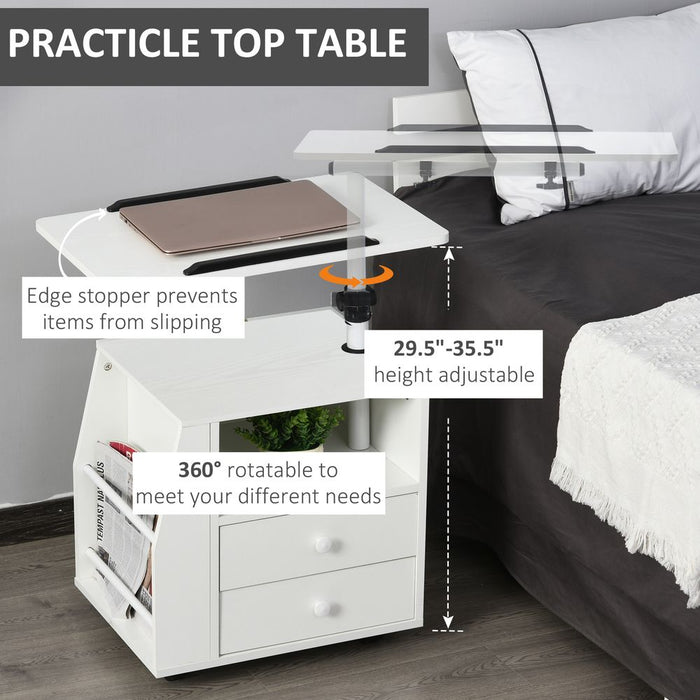 360 Rotating White Storage Table - Quality Particle Board - Multi-functional End Table with Cabinet