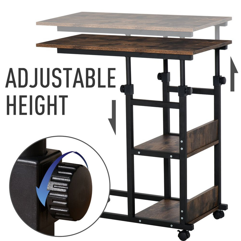 HOMCOM Industrial Mobile Sofa Side Table C-Shaped Rolling Couch Table with 3-Tier Storage Shelving Four Lockable Wheels Steel Frame - Brown