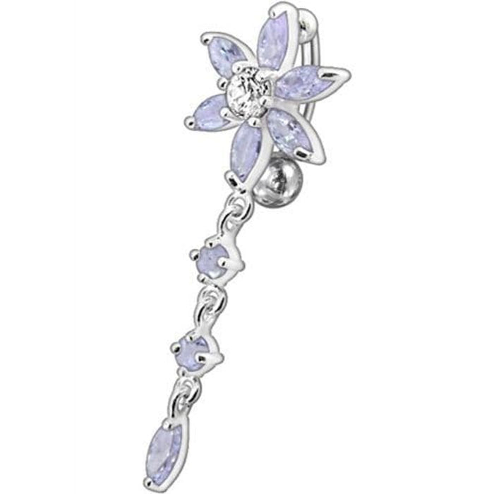 Fancy  Flower With Long Tail Jeweled Dangling Navel Ring