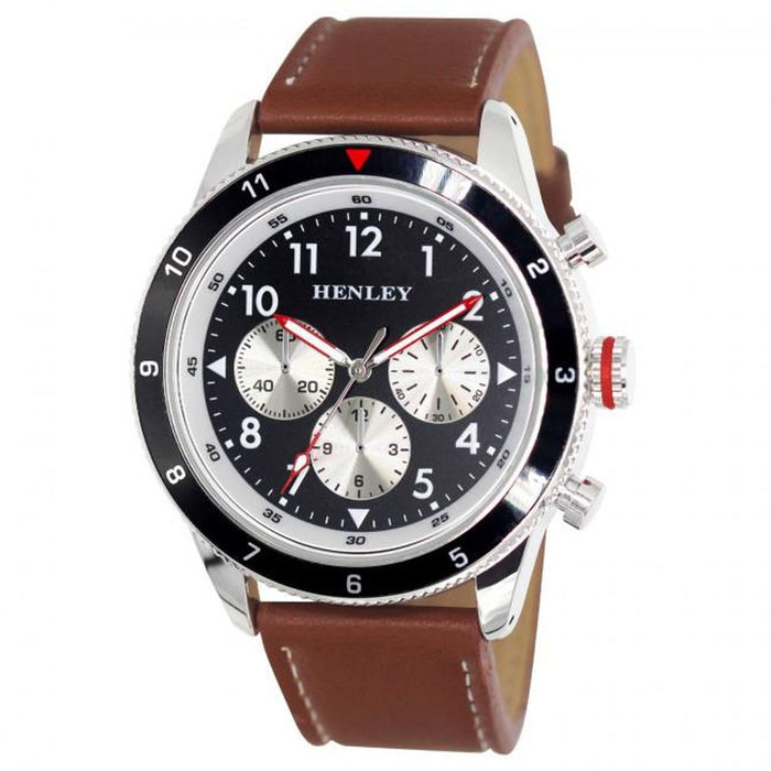 Henley Men's Multi-Eye Black Dial Sports Watch with Brown Leather Strap - H02219.2