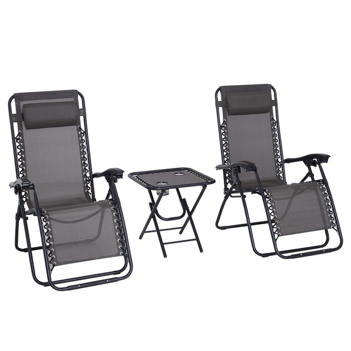 Premium 3PC Zero Gravity Chairs Sun Lounger Table Set Cup Holders | Dark Grey Outsunny