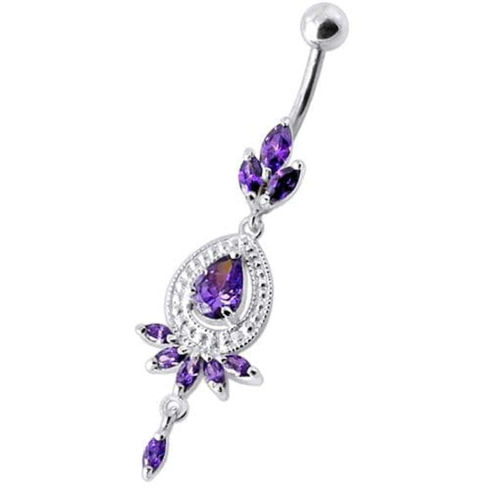 Fancy stone centered Jewel Dangling SS Bar Belly Ring