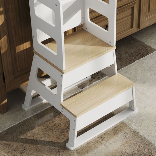 AIYAPLAY 2 in 1 Toddler Tower w/ Chalkboard, Safety Rail, for Kitchen, Sink