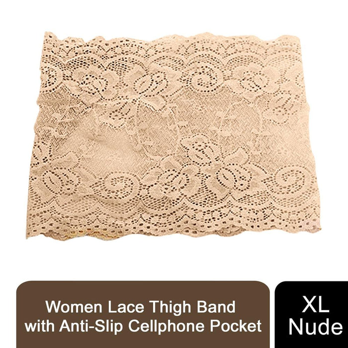 Premium Lace Thigh Band w/ Anti-Slip Cellphone Pocket - XL Nude. Anti-Chafing, Fashion Accessory, Protects Thighs. 90% Nylon, 10% Elastane