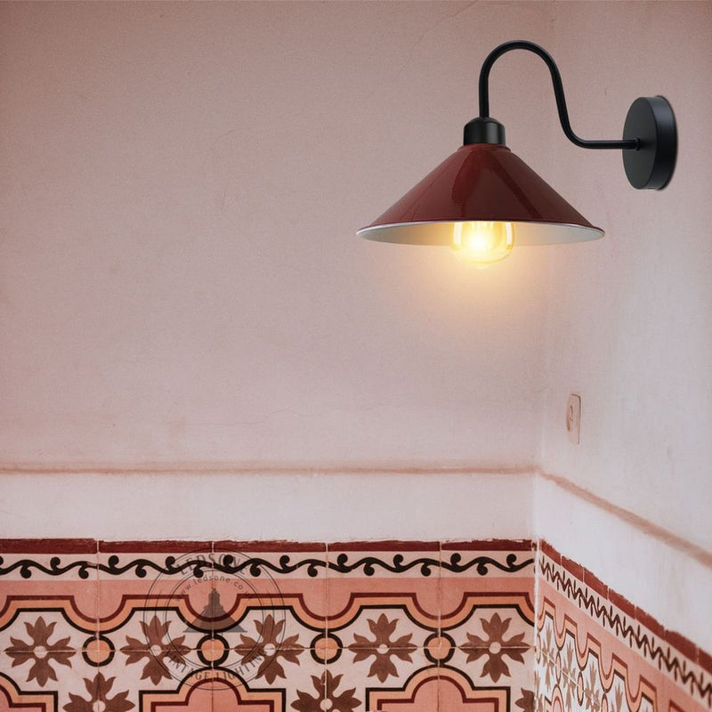 Burgandy Wall Light Fixture, Vintage Metal Cone Shape Shade, E27 Base, Dimmable, Indoor Lighting