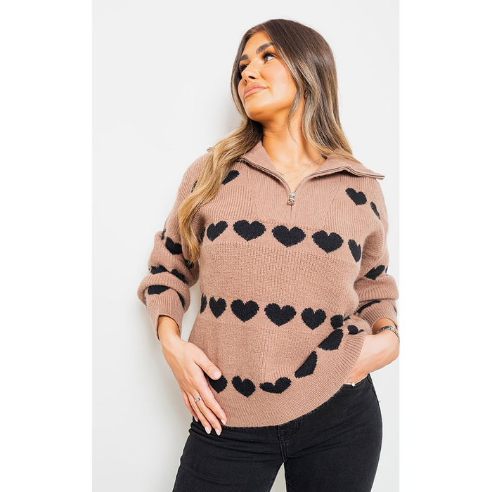 Heart Prints Zip High Neck Knitted Jumper