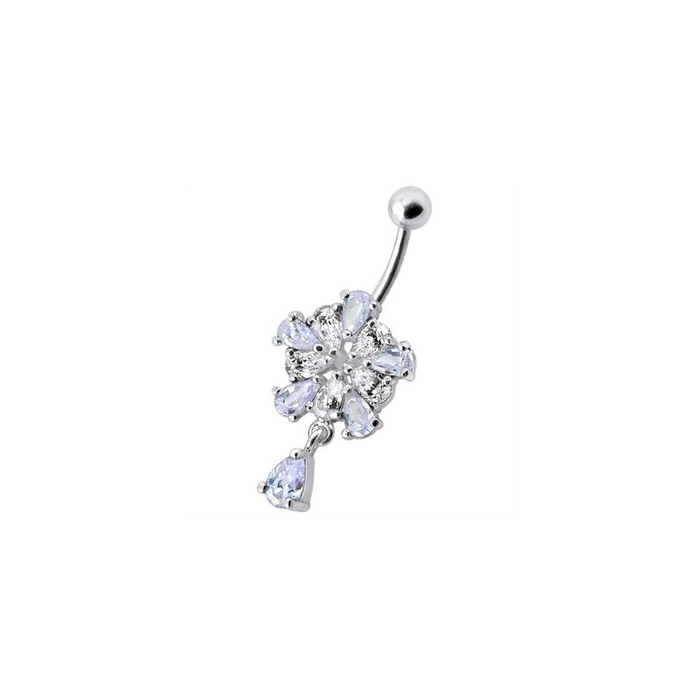 Jeweled Fancy Silver Flower Dangling Banana Bar Navel Belly Ring