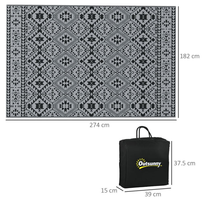 Outsunny Reversible Waterproof Outdoor Rug, 182 x 274cm | Black | Carry Bag