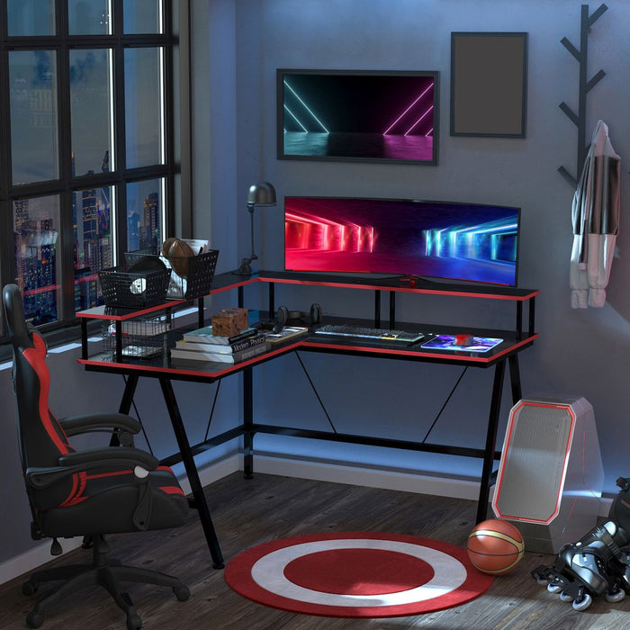 L-Shape Corner Gaming Desk Shelf Workstation, Black Red