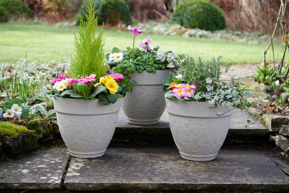 Stylish Pack of 3 Sandstone Planters - Floral Design - Durable & Weather Resistant - Perfect for any Garden or Patio