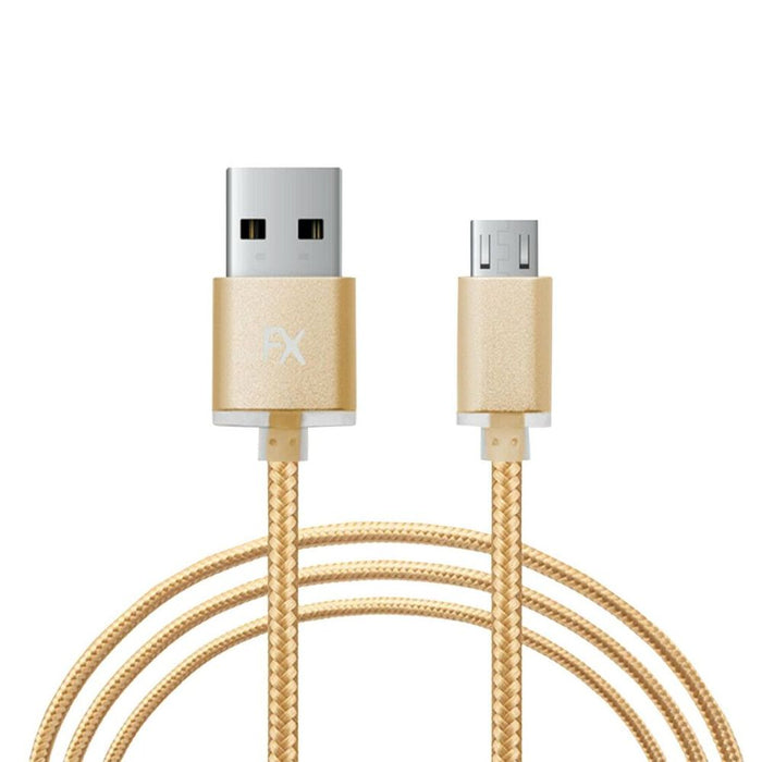 Fx Braided Micro USB Data Cable, Gold, Rose Gold, Space Grey, Silver[Gold]"
Description: "Sync & charge at faster speed, withstands repeated unplugging, compatible with various devices. 1m length. Includes 1 cable.