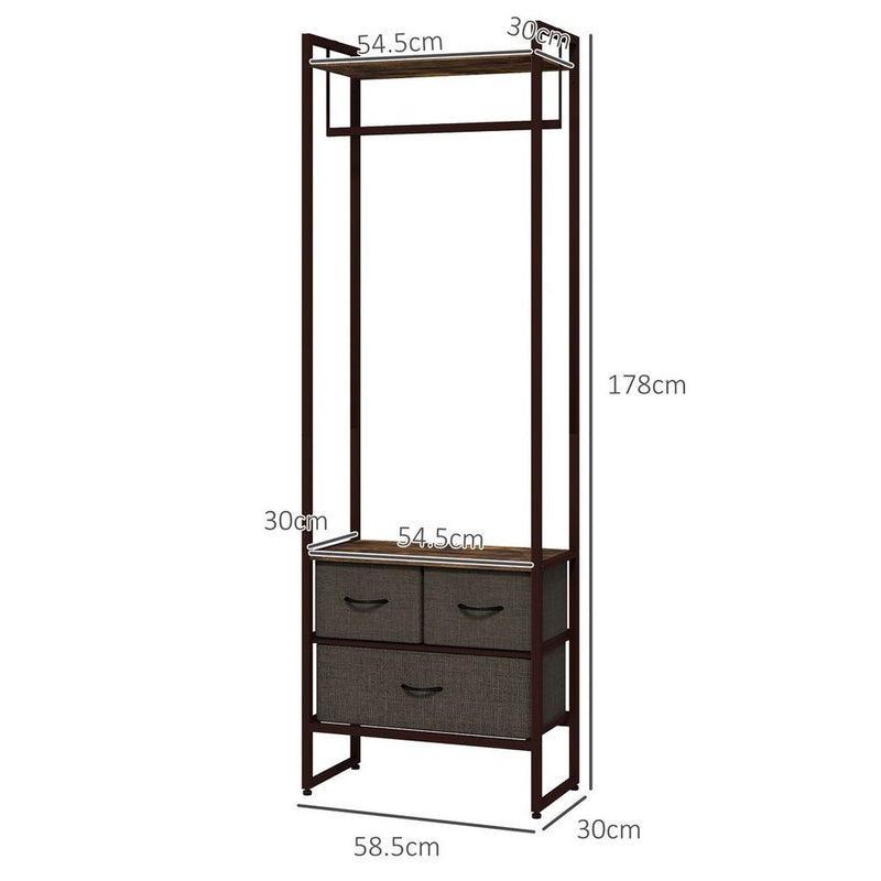 HOMCOM Clothes Hanging Rail + 3 Fabric Drawers | Quality Storage Shelves | Multi-Purpose for Hallway