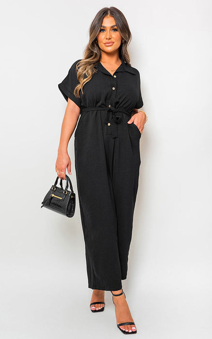 Casual Tie Waist Short Sleeve Jumpsuit - Effortlessly Chic and Versatile!