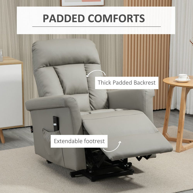 HOMCOM Power Lift Chair, PU Leather Recliner Sofa Chair for Elderly with Remote Control, Side Pocket, Grey