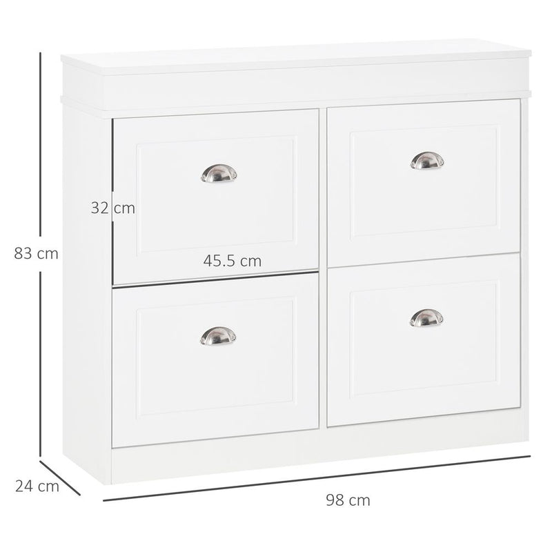 HOMCOM Shoe Cabinet with 4 Flip Drawers Wood Tipping Bucket Narrow Storage Cupboard with Adjustable Shelf, for Hallway, White, 98L x 24W x 83H cm