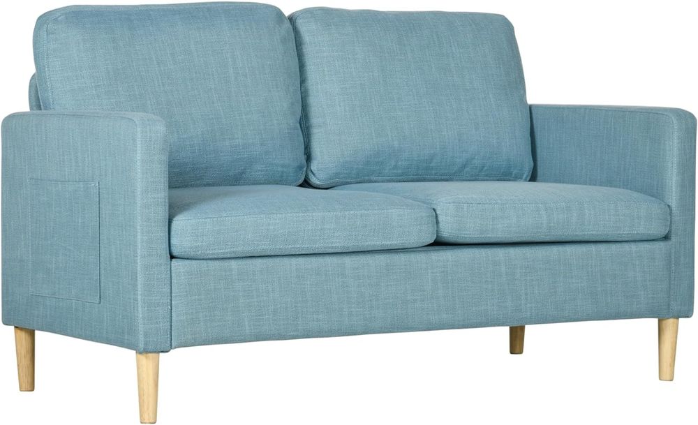 HOMCOM 2 Seater Sofa Modern Fabric Couch with Wood Legs and 2 Pockets Blue