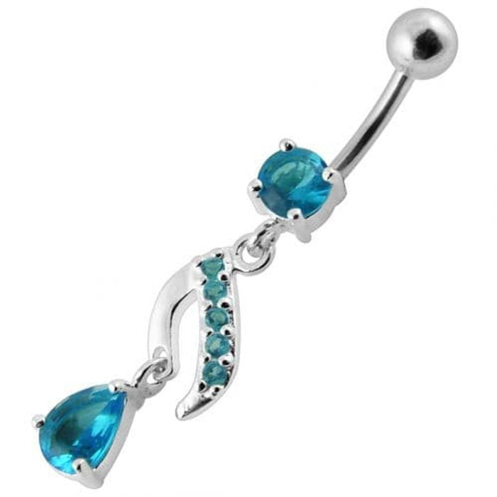 Fancy Jeweled Silver Dangling Curved Belly Ring