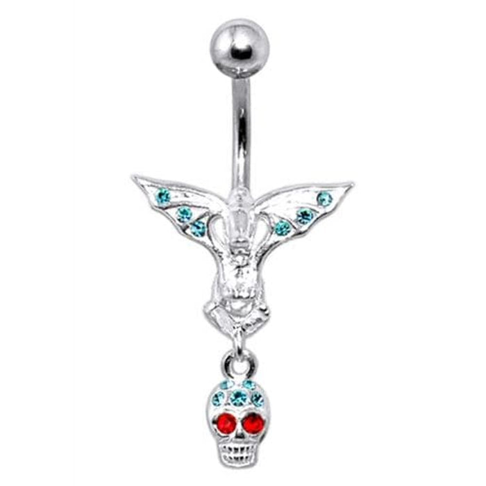 Fancy Silver Jeweled Devil Skull Dangling Ss Banana Bar Belly Ring