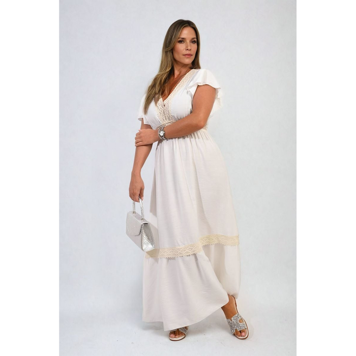 Timeless Elegance: V-neck Lace Trim Maxi Dress