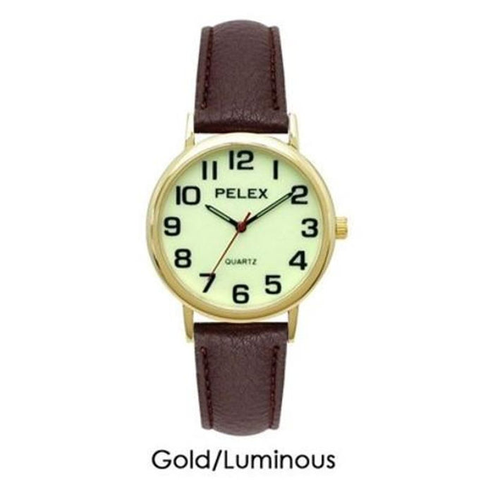 PELEX Men's Glow Watch: Dark Leather Strap, Quartz, PLX-010-GOLD-LUM-BRN