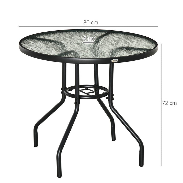 Outdoor Round Dining Table Tempered Glass Top Steel w/ Parasol Hole 80cm